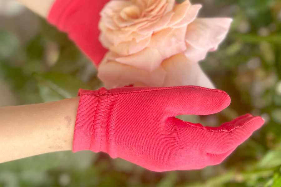 Dětské ruce v lososově růžových rukavicícg drží květ růže